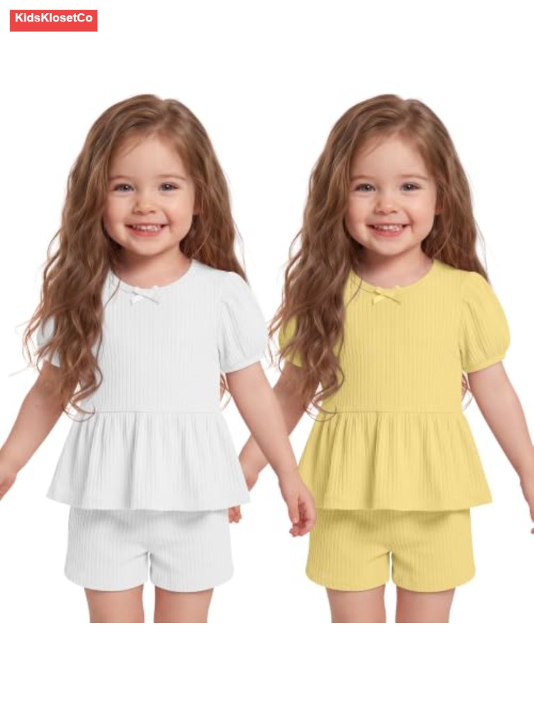 2 Pack Toddler Girls Summer Outfits Set Puff Sleeve Ribbed Top Shorts